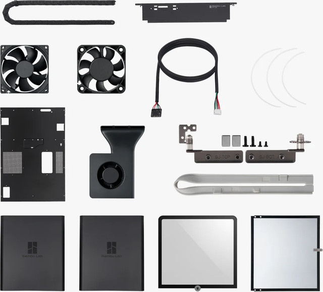 Bambu Lab P1P Gehäuse-Upgrade Set mit Lüfter, Kabelkette und Glas-Abdeckplatte in Schwarz - Bild 1
