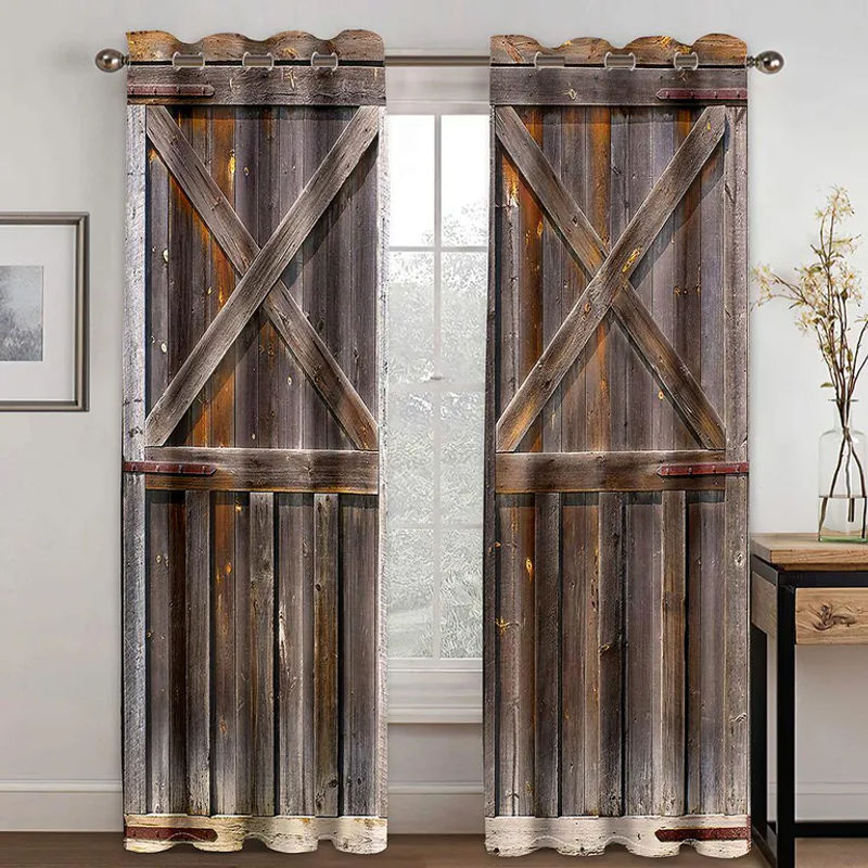 A Family Of Home Textiles Rustikale Vorhänge im Vintage Holz-Design mit Ösen, 2 Paneele, halbtransparent, Mehrfarbig, B: 140 cm, H: 160 cm - Bild 2