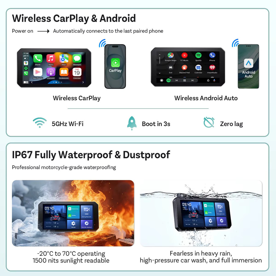 Ottocast Motorrad Smart Display Navigationssystem mit Dashcam Front- und Heckaufzeichnung, Split-Screen-Anzeige, IP67 und TPMS, Schwarz - Bild 2