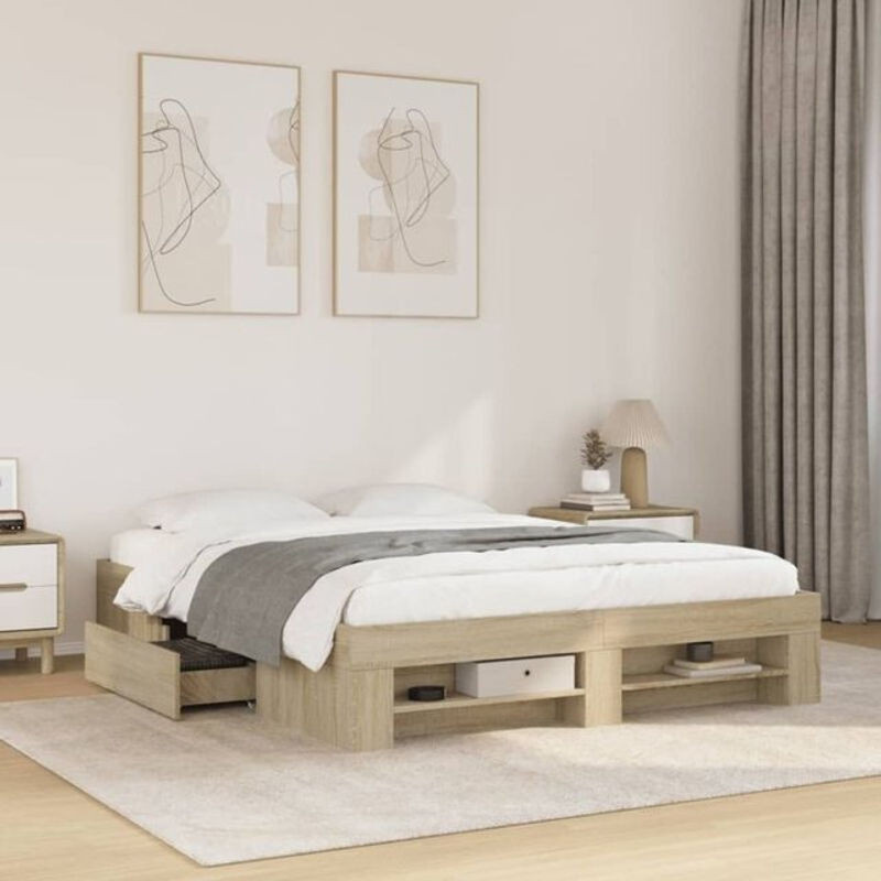 Vidaxl Funktionsbett Bettgestell aus Holzwerkstoff in Sonoma-Eiche Natur Braun B/T/H: 150 x 200 cm - Bild 1