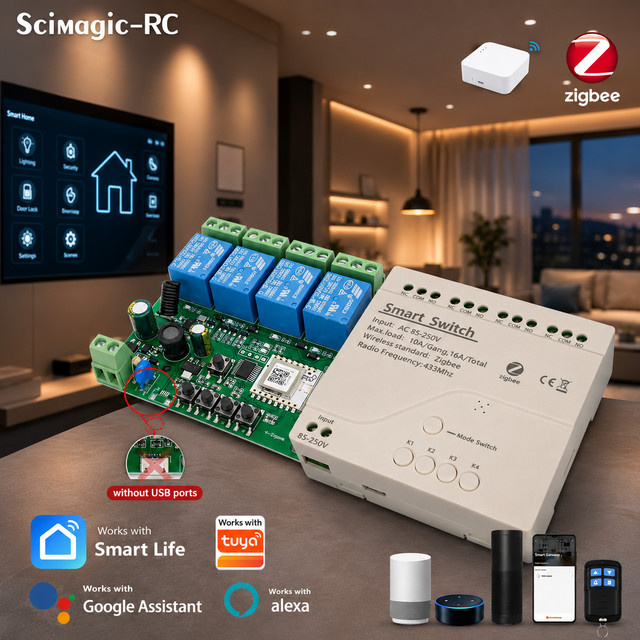 Tuya Scimagic-RC Smart Switch Zigbee 4-Kanal Heimrelaismodul mit WiFi und RF 433MHz App Fernbedienung 10A in Weiß - Bild 1