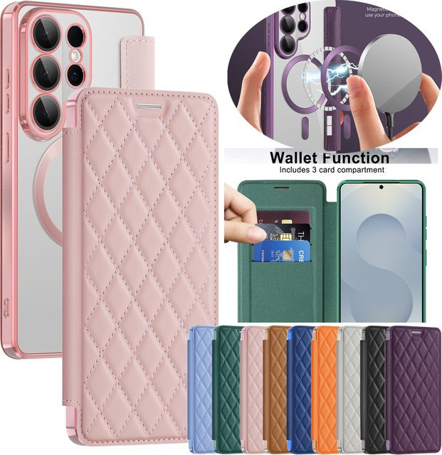 Leder Flip Case für Samsung Galaxy S26 Ultra S25 S24 S23 S22 in Pink mit Kartenhalter und magnetischer Telefonabdeckung - Bild 1