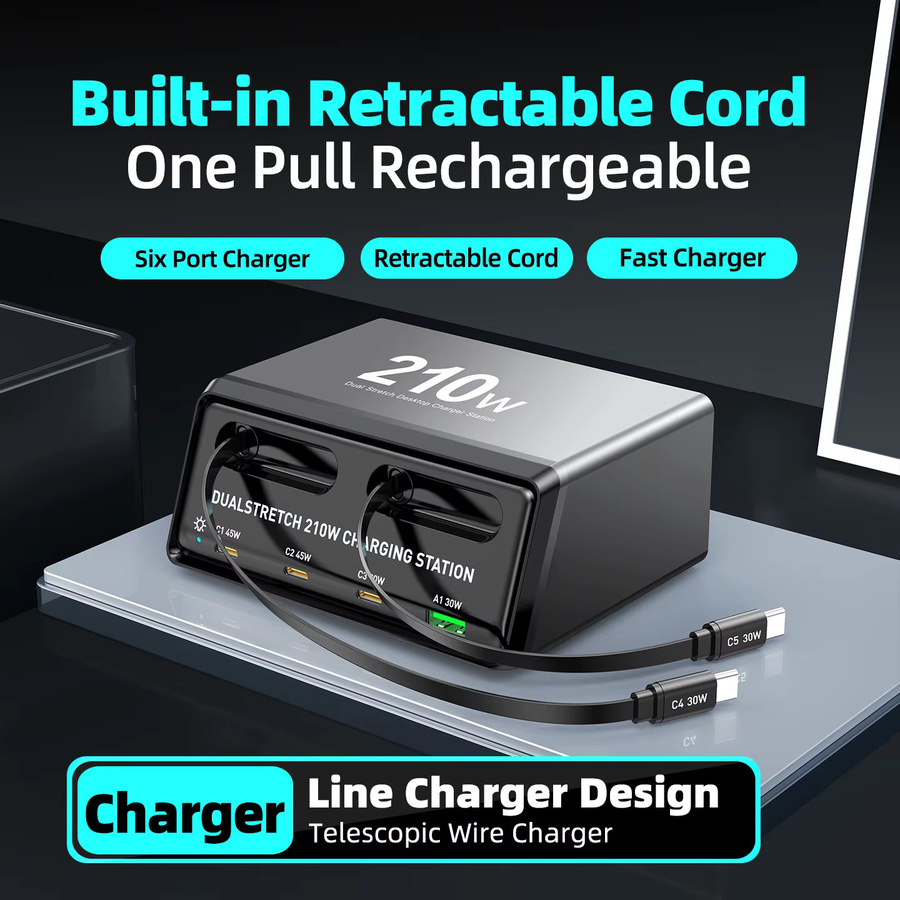 ILEPO 6-in-1 Ladestation Power Combo Tower mit 210 W Schnellladegerät und einziehbarem USB-C-Kabel in Schwarz - Bild 2