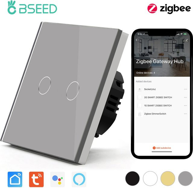 BSEED Zigbee Smart Licht Schalter mit Touch-Sensor, Tuya App Steuerung für Google Assistant und Alexa, Wand Schalter in Gold - Bild 1