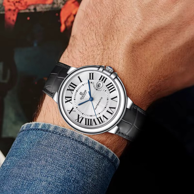 Glenaw Armbanduhr, Automatik, Blau, Silber, Leder, Herren - Bild 4