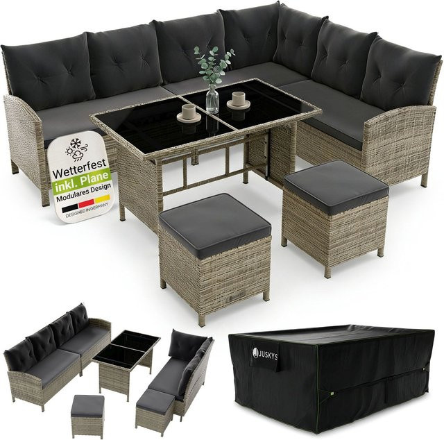 Juskys Gartenlounge Manacor Polyrattan Set in Grau für 8 Personen inklusive Sofa, Tisch, Hocker, Kissen und Abdeckung - Bild 1