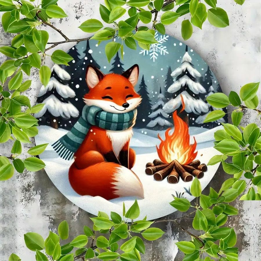 CIFBUY Vintage Metallschild Fox Winter Bonfire Weihnachtsbaum rund, Durchmesser: 20,3 cm, Multicolor - Bild 4