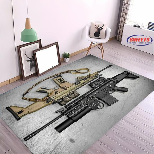Rutschfester Teppich mit 3D Sturmgewehr und Pistolen Motiv von JGJG in Grau, B/B: 80 x 120 cm - Bild 1