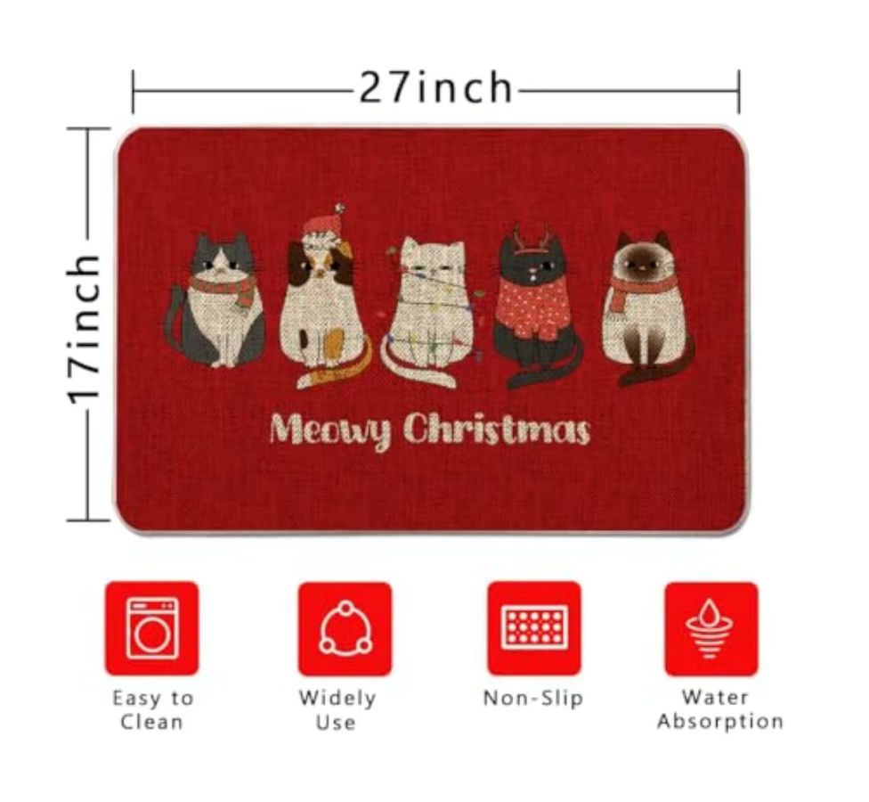 VIKAMA Rutschfeste Fußmatte mit Weihnachts-Cartoon-Katzen-Design in Rot für Eingangsbereich und Badezimmer - Bild 4