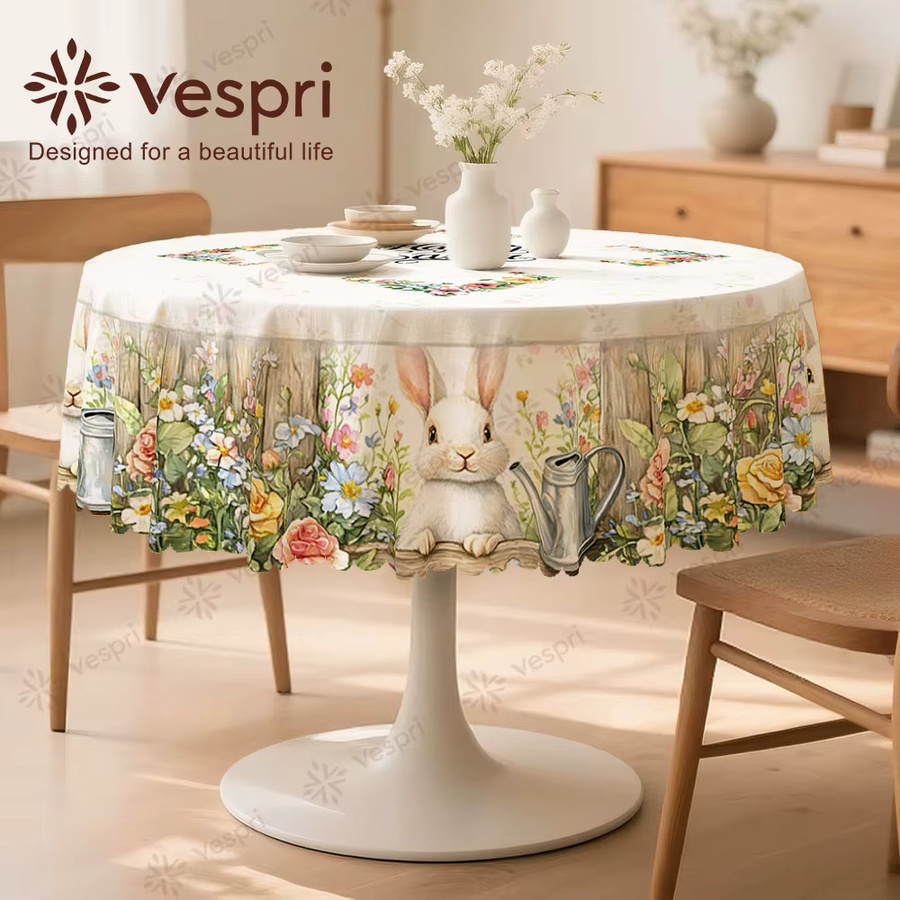 Vespri Oster-Tischdecke mit Hasen-Gießkanne und Blumenmuster in Weiß-Grün für deine Partydekoration - Bild 1