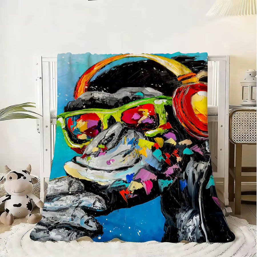 Weiche Flanell-Überwurfdecke mit DJ-Affen-Motiv in Weiß und Multicolour für Sofa, Bett oder Reisen - Bild 2