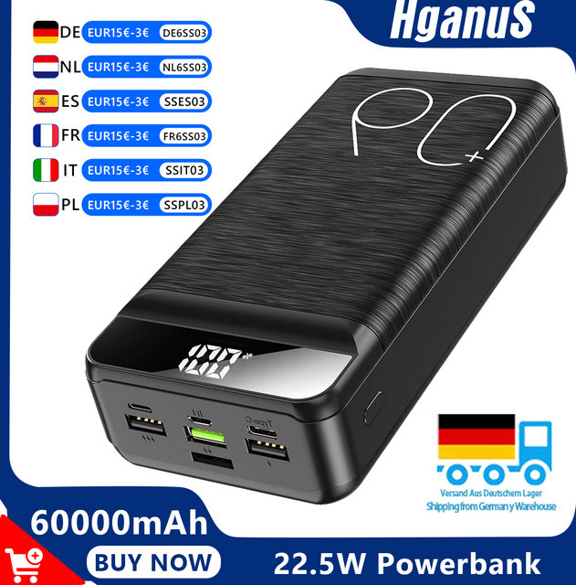 Hganus PowerBank mit 60000mAh Kapazität, 22,5W Schnellladung QC PD3.0, USB-C-Anschluss und Taschenlampe, Schwarz - Bild 1