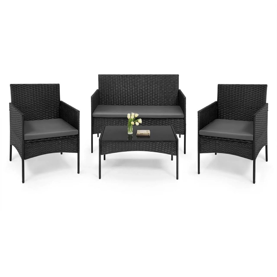 WOLTU Gartenmöbel Set für 4 Personen aus Metall und PE-Rattan mit Sicherheitsglas in Schwarz - Bild 2