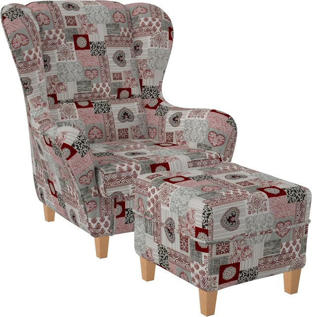 Supellex Sofia Ohrensessel mit Hocker im Patchwork-Design mit Herz-Ornamenten in Rot und Multicolour - Bild 1