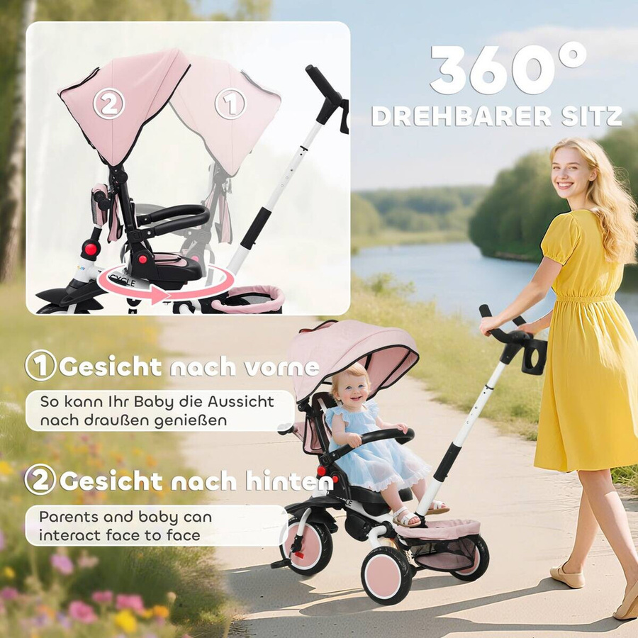 AIYAPLAY 6in1 Kinderdreirad mit Schubstange und Sonnendach, Rosa, B/H/L: 52 x 111,5 x 98 cm - Bild 6