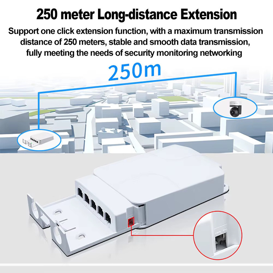 Kebidumei 5-Port PoE Extender Repeater IP55 Wasserdicht Netzwerk Switcher mit VLAN für IP-Kameras und Wireless AP, 100/1000 Mbit/s, Weiß - Bild 6