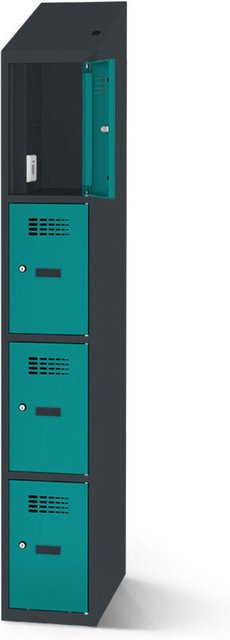 rotstahl Fächerschrank mit Ladefunktion und 4 Fächern in Türkis mit anthrazitgrauem Korpus, B: 40 cm, H: 200 cm - Bild 1