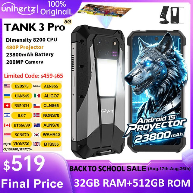Unihertz Tank 3 Pro Robustes 5G-Smartphone mit 512 GB Speicher, 23800 mAh Akku, 100 Lumen Projektor und 6,79 Zoll FHD Display in Schwarz - Bild 1