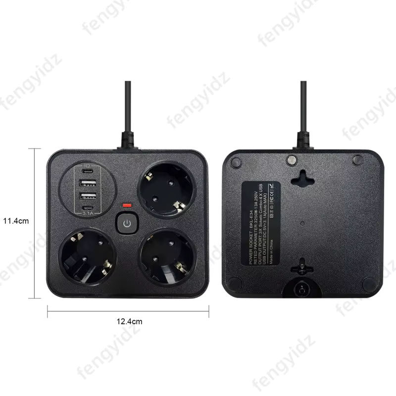 Fengyidz Multitap Steckdosenleiste mit 2 Typ C AC-Steckdosen, USB-C Anschluss und Überspannungsschutz sowie Netzwerkfilter in Schwarz - Bild 3
