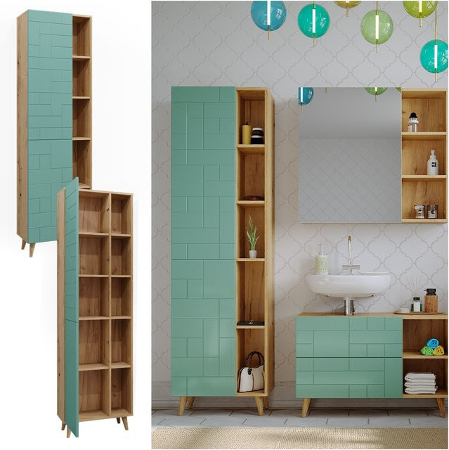 Vicco Hochschrank Rudi für das Badezimmer in Mintgrün und Eiche, B/T/H: 56 x 30,6 x 193 cm - Bild 1