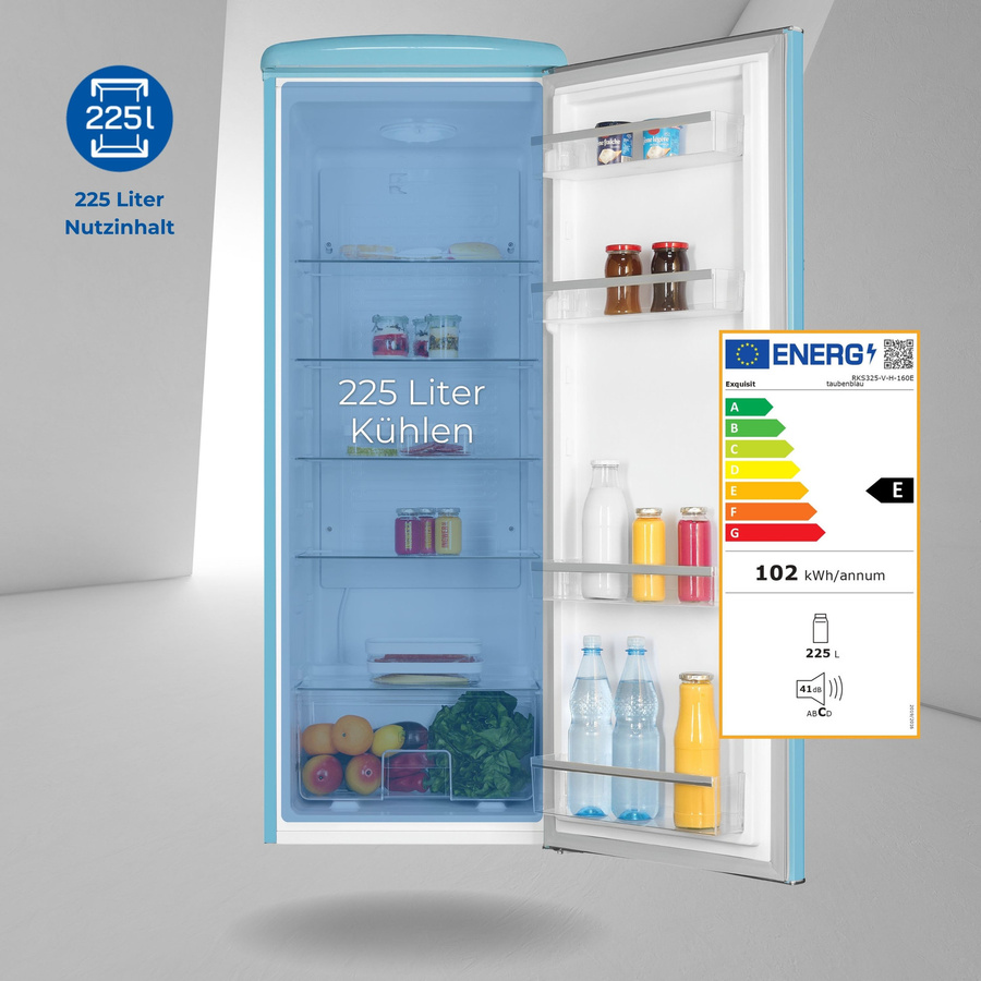 Exquisit Retro Vollraumkühlschrank RKS325-V-H-160E in Taubenblau mit LED-Innenbeleuchtung und Flaschenregal - Bild 2