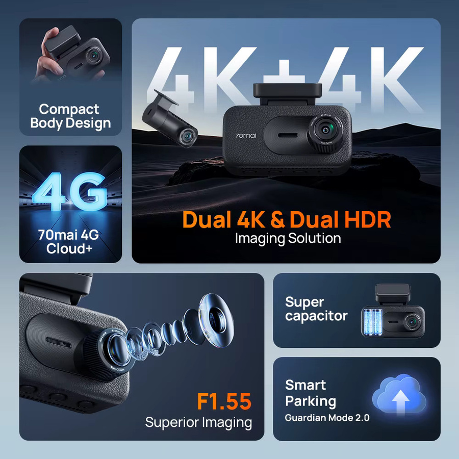 70mai Dashcam A900 Dual 4K UHD mit HDR, Wi-Fi 6, GPS und 4G LTE Cloud, Schwarz - Bild 2