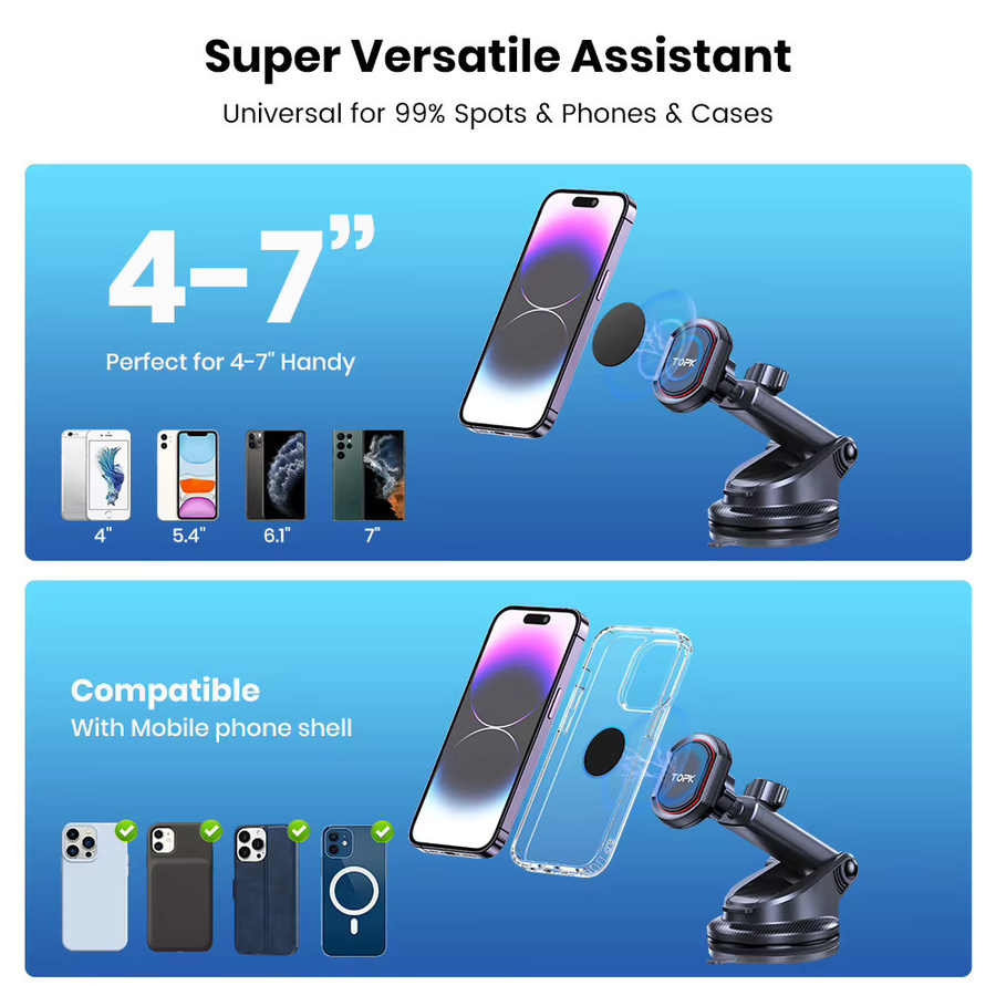 TOPK Magnetische 3-in-1 Handy-Autotelefonhalterung für Windschutzscheibe und Armaturenbrett in Schwarz mit verstellbarem langem Arm - Bild 5