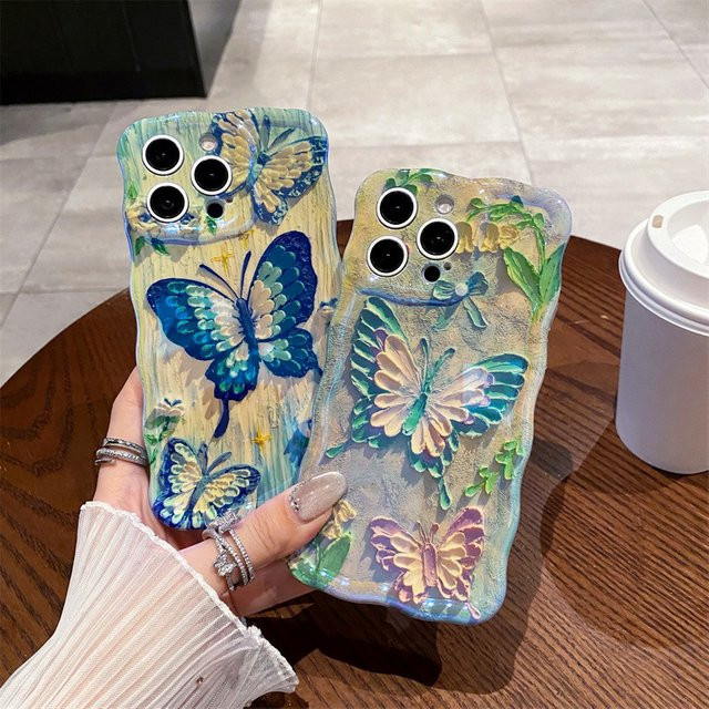 MUQGEW Schutzhülle für iPhone 15 14 13 12 Pro Max mit blauem Schmetterlings-Ölgemälde-Design aus stoßfestem Silikon - Bild 1