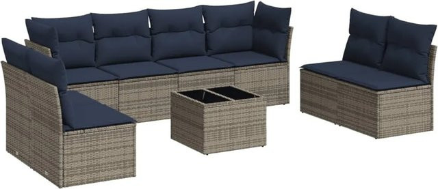 vidaXL 9-teilige Garten-Sofagarnitur in U-Form aus grauem Poly-Rattan mit Kissen und Gartentisch - Bild 1