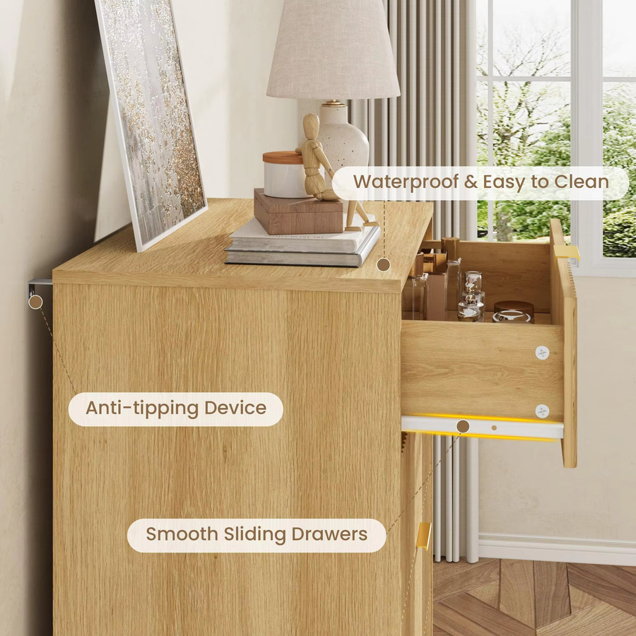 Garvee Kommode mit 4 Schubladen in natürlicher Eiche, moderne geriffelte Holzkommode für Schlafzimmer, Wohnzimmer oder Flur, Höhe: 93,7 cm - Bild 3
