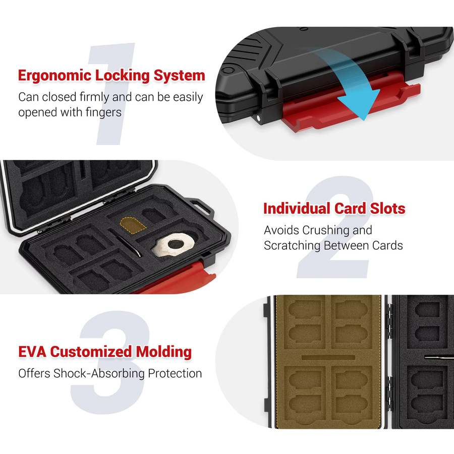 KIWIFOTOS Speicherkartenetui in Schwarz mit 22 Steckplätzen für 8 SD SDHC SDXC Karten, 12 MicroSD TF MSD Karten und 2 Nano-SIM Karten - Bild 3