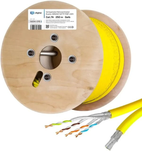 hb-digital CAT 7a Verlegekabel Duplex Installationskabel S/FTP AWG23 LSZH 250m Gelb - Bild 1