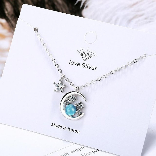 Halskette mit Anhänger Stern Mond, 925 Silber, Kristall, Damen - Bild 1