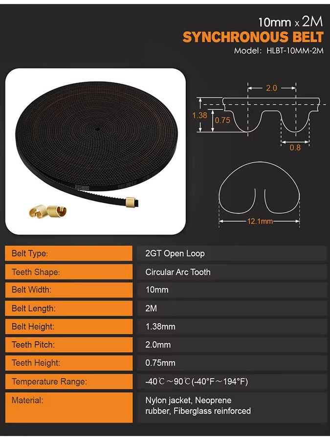 Creality GT2 Synchronriemen für 3D-Drucker, offener Zahnriemen aus Gummi, Farbe: Schwarz, Breite: 6 mm oder 10 mm, Länge: 2 m - Bild 6