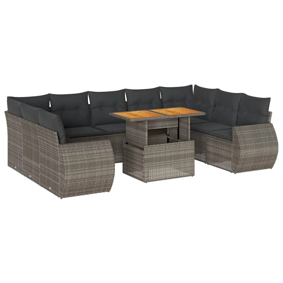 vidaXL 10-tlg. Garten-Sofagarnitur in L-Form aus Polyrattan und Akazienholz mit Kissen in Grau - Bild 2