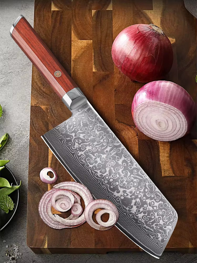 HUAYIGRAND Hackmesser aus Damaststahl in Silber mit Holzgriff, 19,05 cm professionelles japanisches Küchenmesser für Fleisch und Gemüse - Bild 6