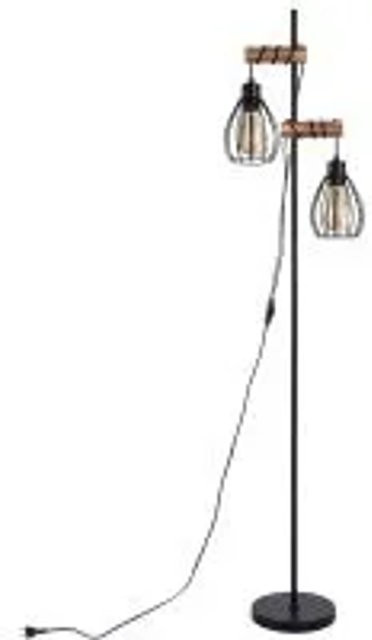 NETTLIFE Stehlampe im Industrie-Design aus Metall und Holz, Schwarz, 2-flammig mit Käfigschirm, E27, Höhe: 152 cm - Bild 1