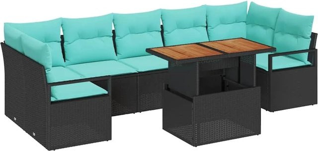 vidaXL Garten-Sofa-Set 8-tlg. aus Poly-Rattan mit Kissen in Schwarz und Teal - Bild 1