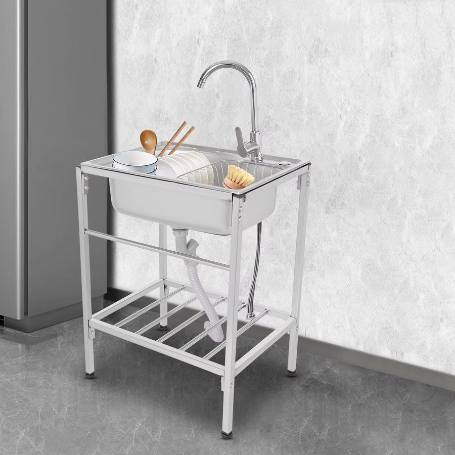 Bymaocar Edelstahl-Spülbecken aus 304 gebürstetem Stahl in Silber mit drehbarem Wasserhahn und höhenverstellbarer DIY-Option, B/T/H: 60,0 x 38,4 x 15,0 cm - Bild 2