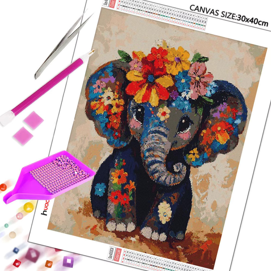 Huacan 5D-Diamantgemälde Elefant mit Blumenkranz, rund, mehrfarbig - Bild 2