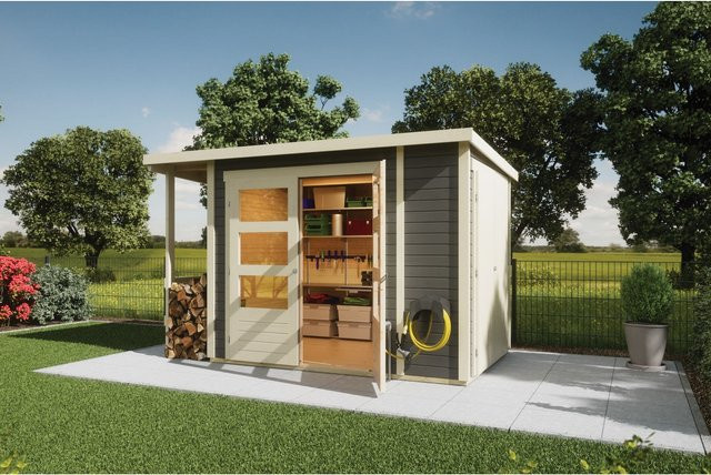 Karibu Gartenhaus Multi Pultdach mit Schrank und Anbaudach in Terragrau inklusive Fußboden und Dacheindeckung - Bild 1