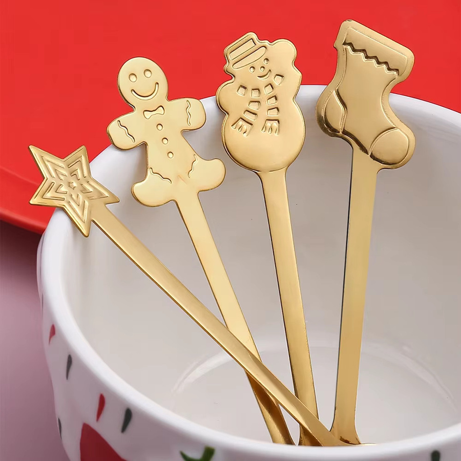 Uniturcky Dessertlöffel Set mit Elch- und Weihnachtsbaum-Motiv, 4 Stück, Gold und Silber, Metall poliert - Bild 2