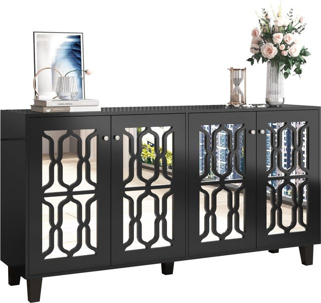 Moderne Sideboard Kommode von Flieks mit Spiegel und 4 Türen in Schwarz, B/H/T: 160 x 84 x 40 cm - Bild 1