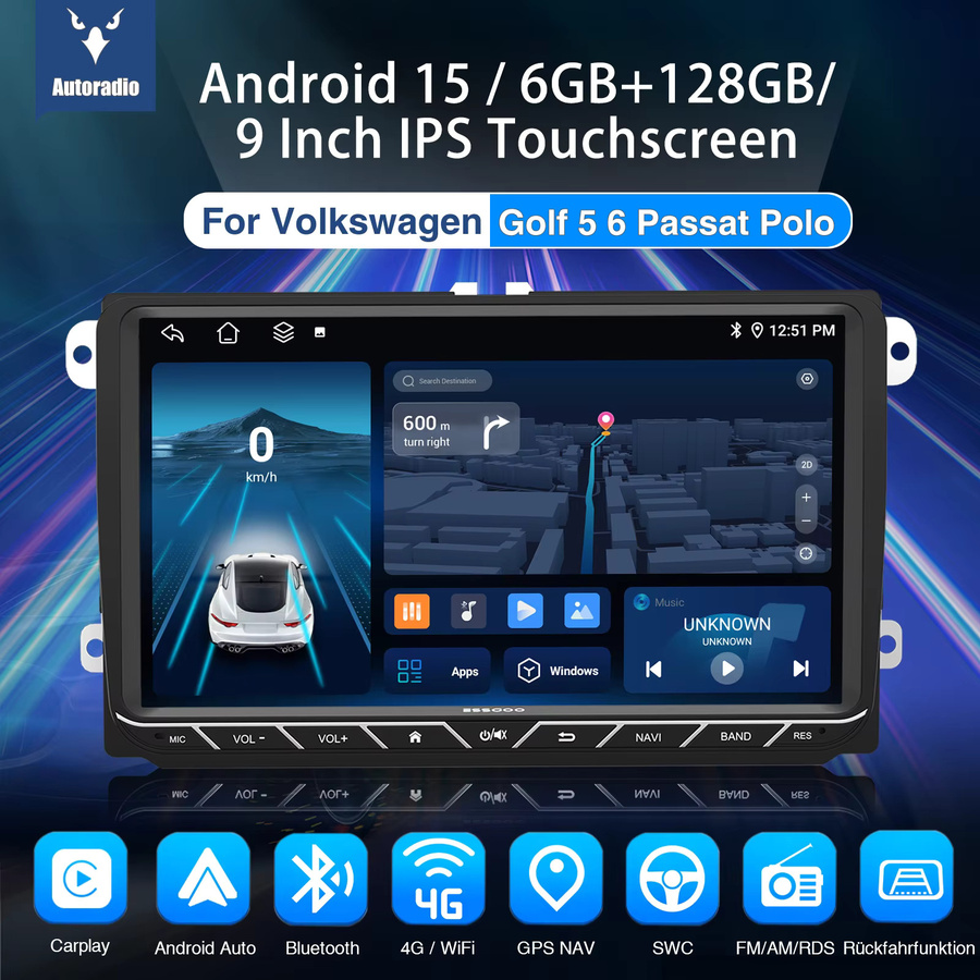 ESSGOO 9 Zoll Android 15 Autoradio mit 6+128GB Speicher, Carplay, 4G und GPS-Navigation in Schwarz für VW Golf 5 6, Touran, Tiguan, Polo, Passat, Jetta - Bild 2