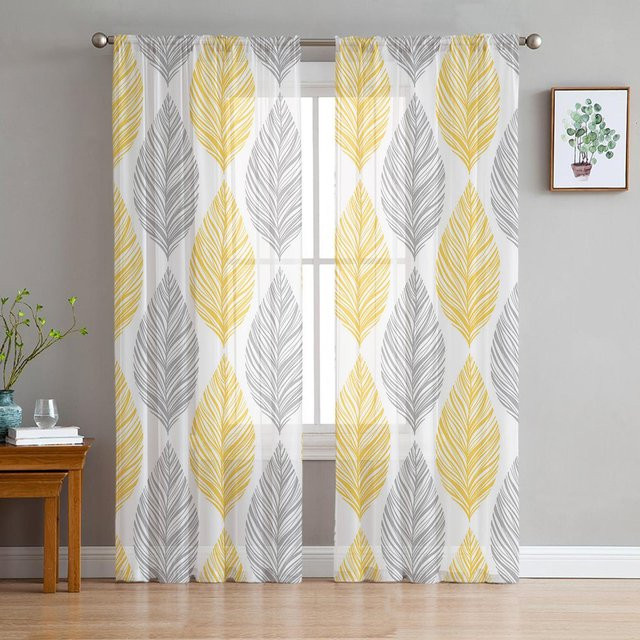 A Family Of Home Textiles Transparente Chiffon Tüll Vorhänge mit Blatt Textur in Gelb und Grau, B: 135 cm, H: 114 cm, 2er Set - Bild 1