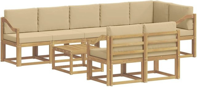 vidaXL Outdoor-Sofagarnitur 9-tlg. in L-Form mit Kissen und Couchtisch, Weiß und Beige, Akazienholz und UV-beständigem Polyester - Bild 1