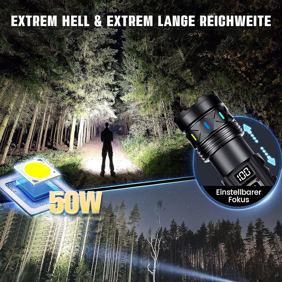 Alonefire LED Hochleistungs-Taschenlampe mit 5000 Lumen und Zoom, USB-aufladbar, Schwarz, Aluminium - Bild 6