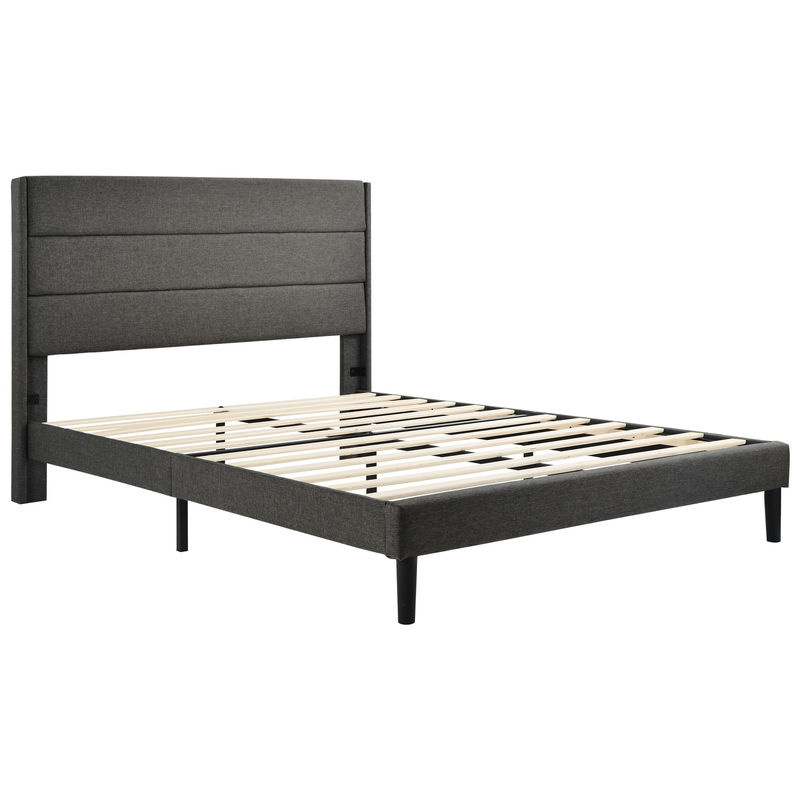 Modernes gepolstertes Doppelbett mit Kopfteil und Lattenrost von Aosom in Dunkelgrau, B/T/H: 140 x 200 cm - Bild 2