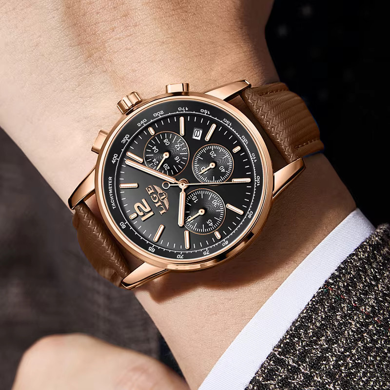 LIGE Chronograph Armbanduhr, Quarz, Leder, Roségold, Bicolor, Herren - Bild 4
