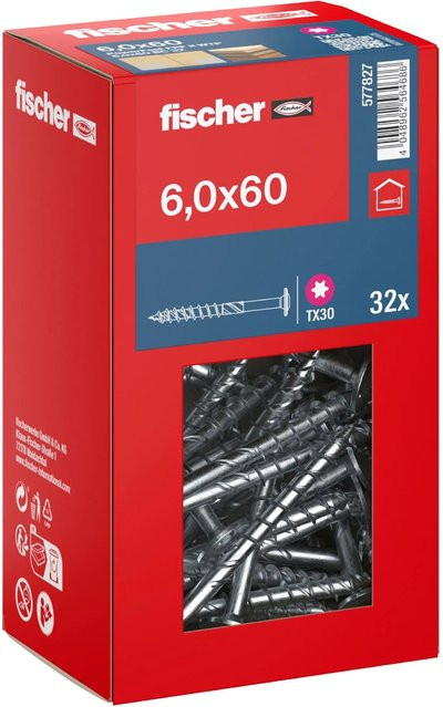 Fischer Holzbauschraube PowerFast II Tellerkopf TX Teilgewinde Ø 6 x 60 mm, 32 Stück, verzinkter Stahl, Silber/Blau - Bild 1